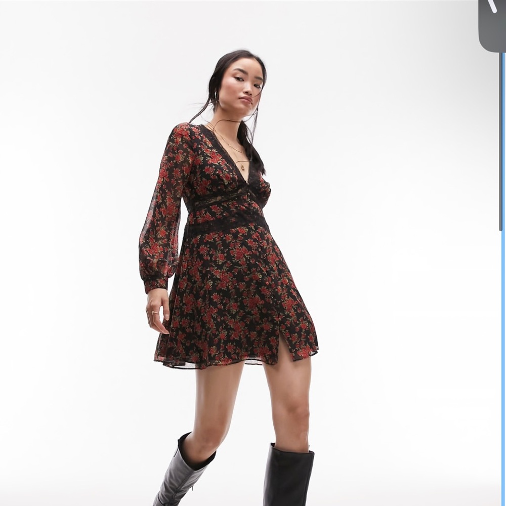 Topshop V-neck lace mini tea dress in red floral